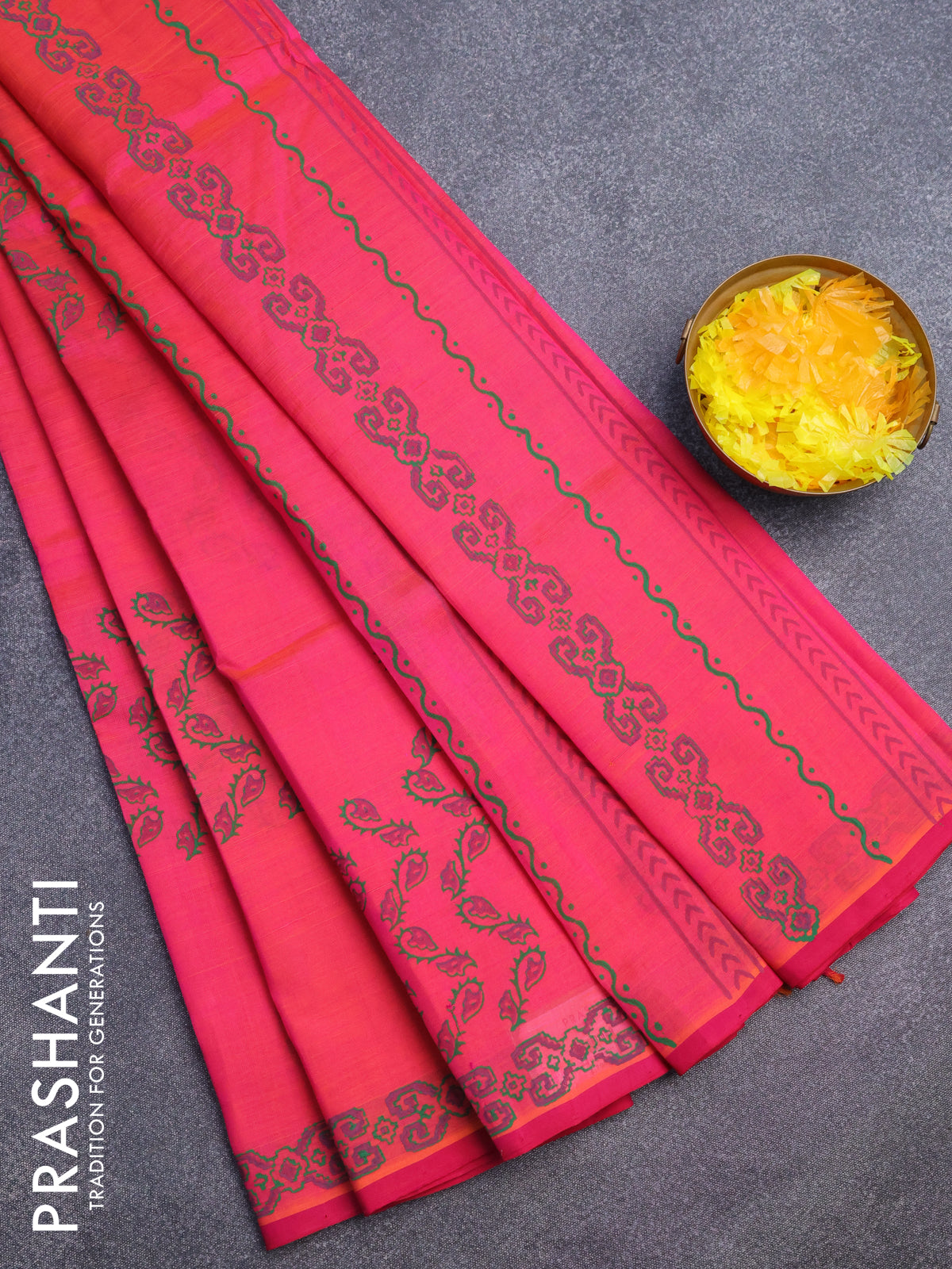 Silk cotton block printed saree dual shade of pinkish orange with allover prints and printed border