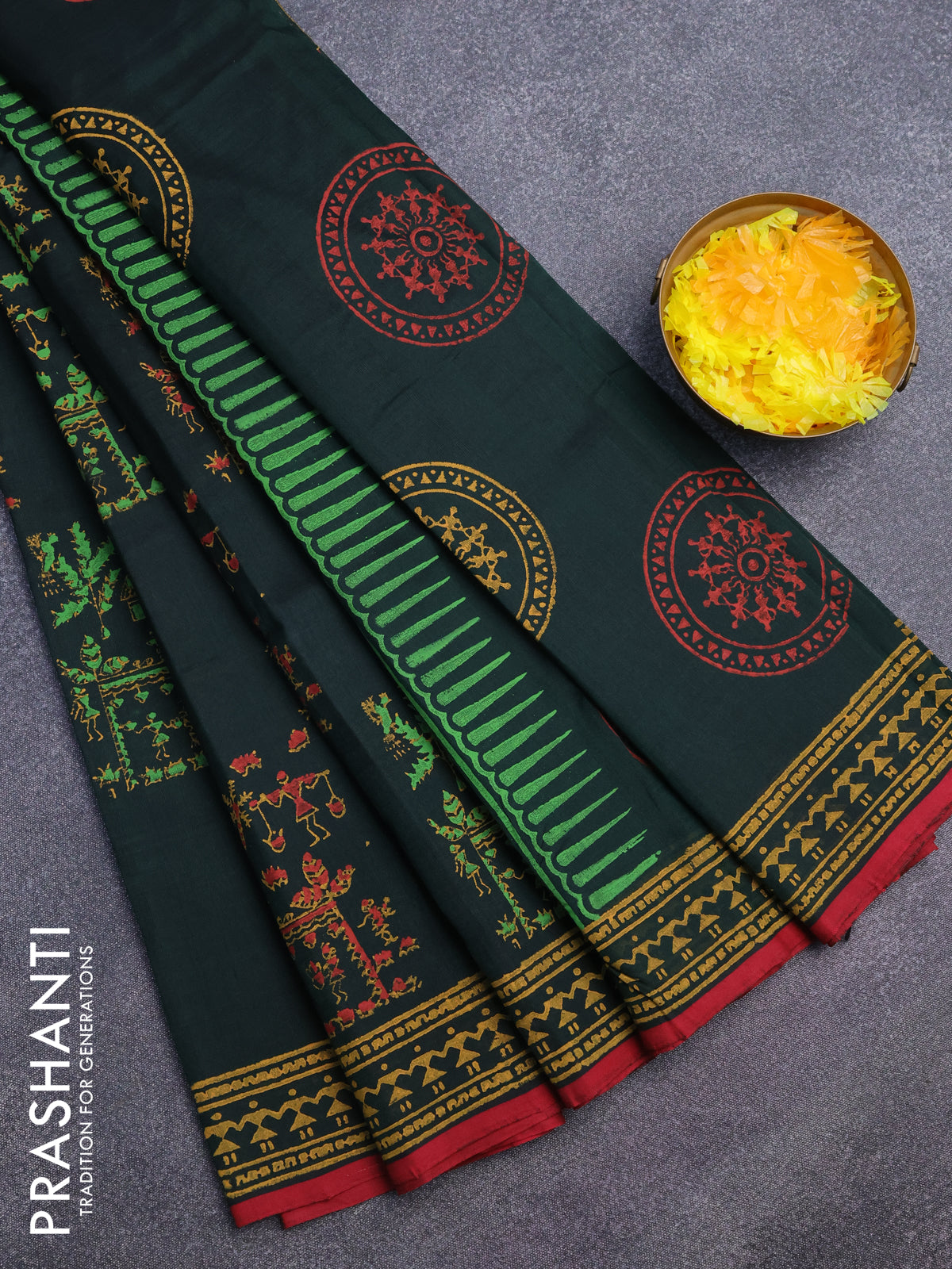 Silk cotton block printed saree dark green and maroon with allover prints and printed border