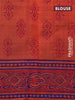 Silk cotton block printed saree blue and rustic orange with butta prints and printed border
