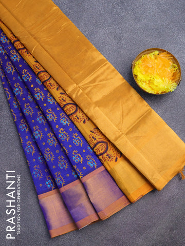 Silk cotton block printed saree blue and mustard yellow with allover butta prints and zari woven border
