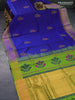 Silk cotton block printed saree blue and light green with floral butta prints and zari woven border