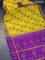Silk cotton block printed saree yellow and purple with paisley butta prints and zari woven simple border