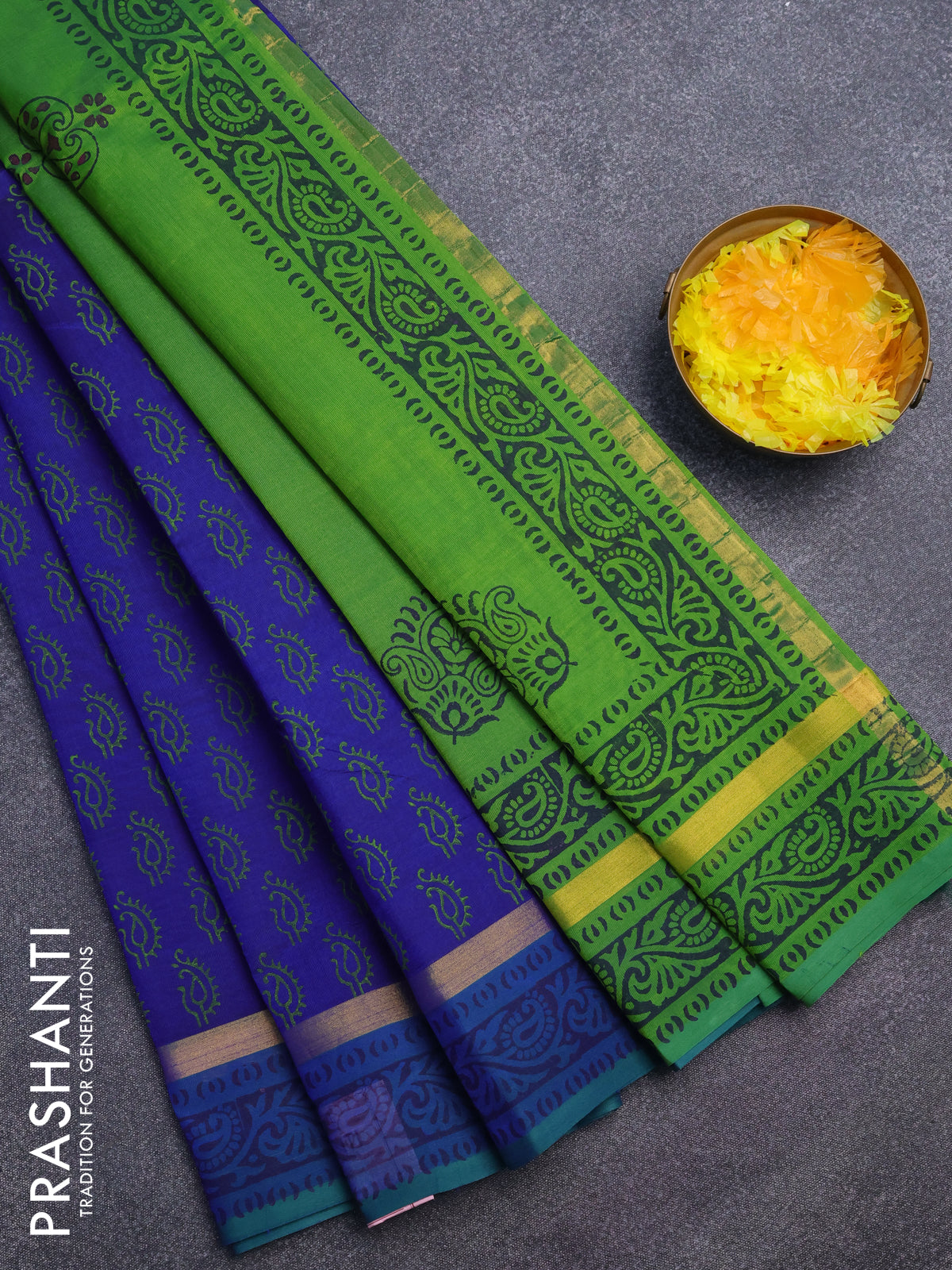 Silk cotton block printed saree blue and light green with paisley butta prints and zari woven simple border