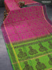 Silk cotton block printed saree magenta pink and green with allover warli prints and zari woven simple border