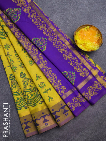 Silk cotton block printed saree lime yellow and blue with allover warli prints and zari woven simple border