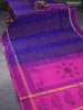 Silk cotton block printed saree blue and pink with leaf butta prints and zari woven simple border