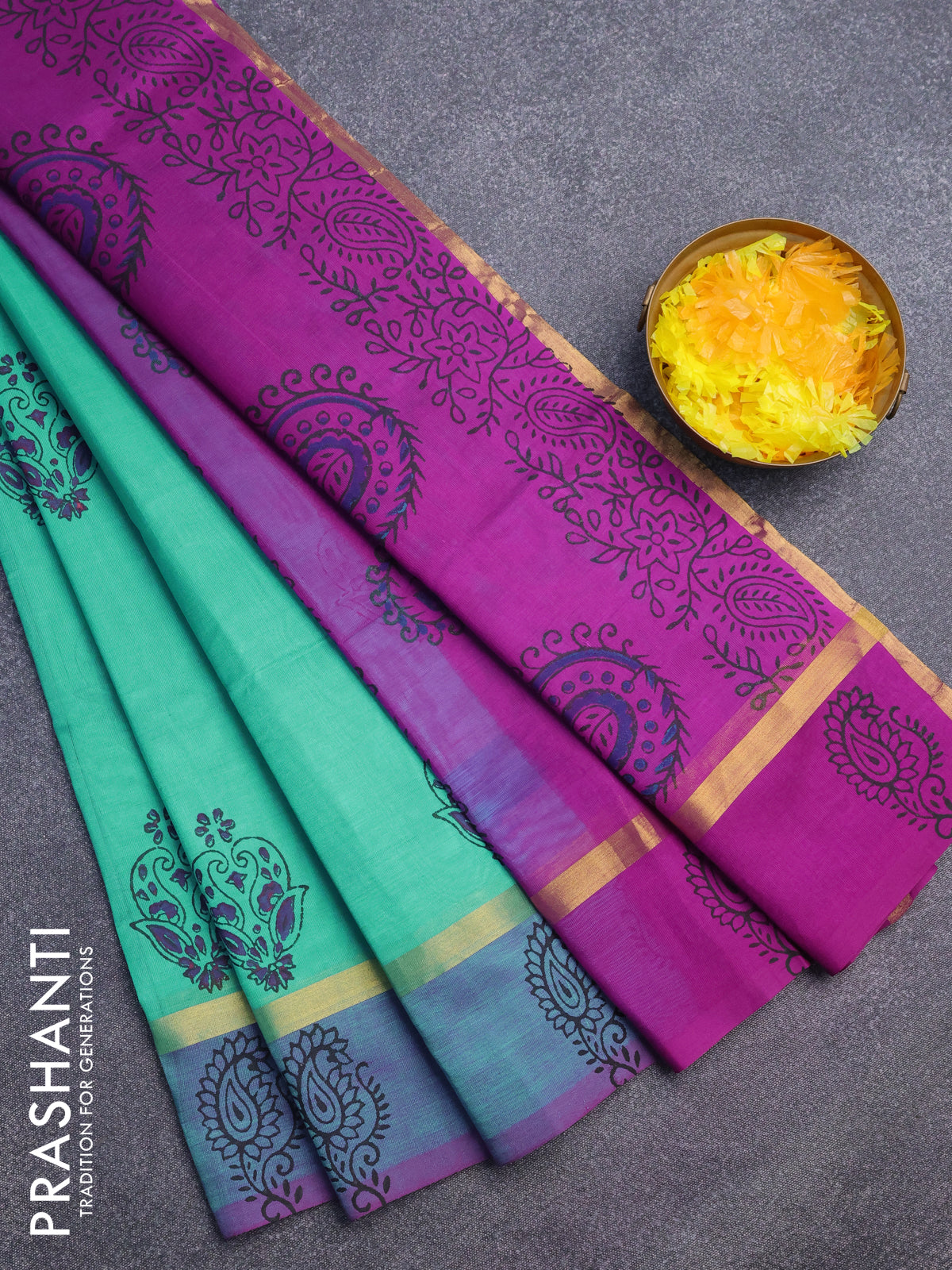Silk cotton block printed saree teal blue and purple with butta prints and zari woven simple border
