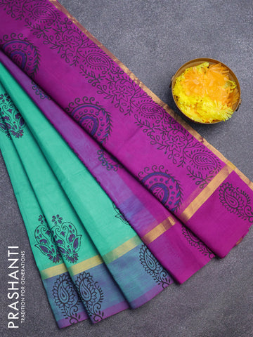 Silk cotton block printed saree teal blue and purple with butta prints and zari woven simple border