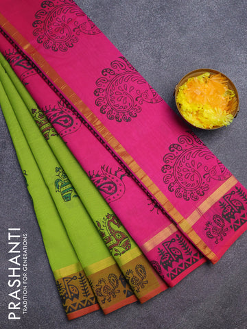 Silk cotton block printed saree light green and pink with butta prints and zari woven simple border