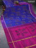 Silk cotton block printed saree blue and pink with allover prints and zari woven simple border