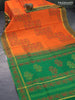 Silk cotton block printed saree orange and green with allover prints and zari woven simple border
