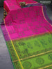 Silk cotton block printed saree pink and green with allover prints and zari woven simple border