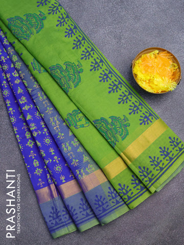 Silk cotton block printed saree blue and light green with allover warli prints and zari woven simple border