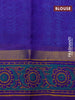 Silk cotton block printed saree teal blue and blue with allover prints and zari woven simple border