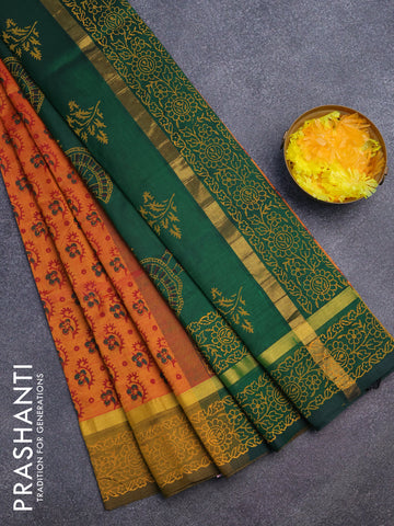 Silk cotton block printed saree mustard yellow and green with floral butta prints and zari woven simple border
