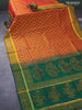 Silk cotton block printed saree mustard yellow and green with floral butta prints and zari woven simple border