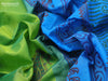 Silk cotton block printed saree green and cs blue with paisley butta prints and zari woven simple border