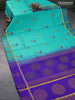 Silk cotton block printed saree teal blue and blue with floral butta prints and zari woven simple border