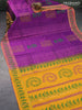 Silk cotton block printed saree purple and yellow with allover warli prints and zari woven simple border