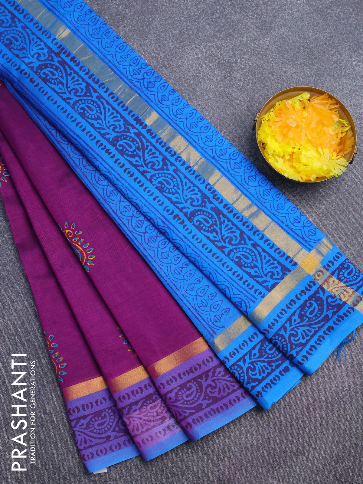 Silk cotton block printed saree purple and cs blue with paisley butta prints and zari woven simple border