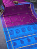 Silk cotton block printed saree purple and cs blue with paisley butta prints and zari woven simple border