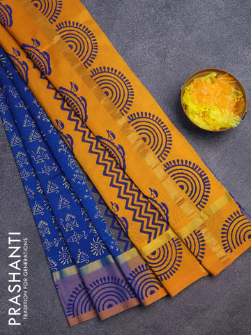 Silk cotton block printed saree cs blue and mustard yellow with allover warli prints and zari woven simple border