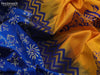 Silk cotton block printed saree cs blue and mustard yellow with allover warli prints and zari woven simple border