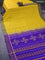 Silk cotton block printed saree yellow and violet with paisley butta prints and zari woven simple border