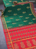 Silk cotton block printed saree green and red with butta prints and zari woven simple border