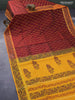 Silk cotton block printed saree maroon and mustard yellow with leaf butta prints and zari woven simple border