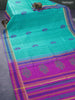 Silk cotton block printed saree teal blue and purple with allover butta prints and zari woven simple border