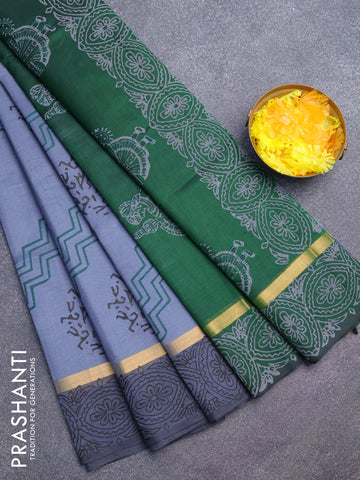 Silk cotton block printed saree grey and green with allover prints and zari woven simple border