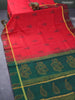 Silk cotton block printed saree red and maroon green with butta prints and zari woven simple border