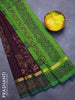 Silk cotton block printed saree coffee brown and light green with allover butta prints and zari woven simple border