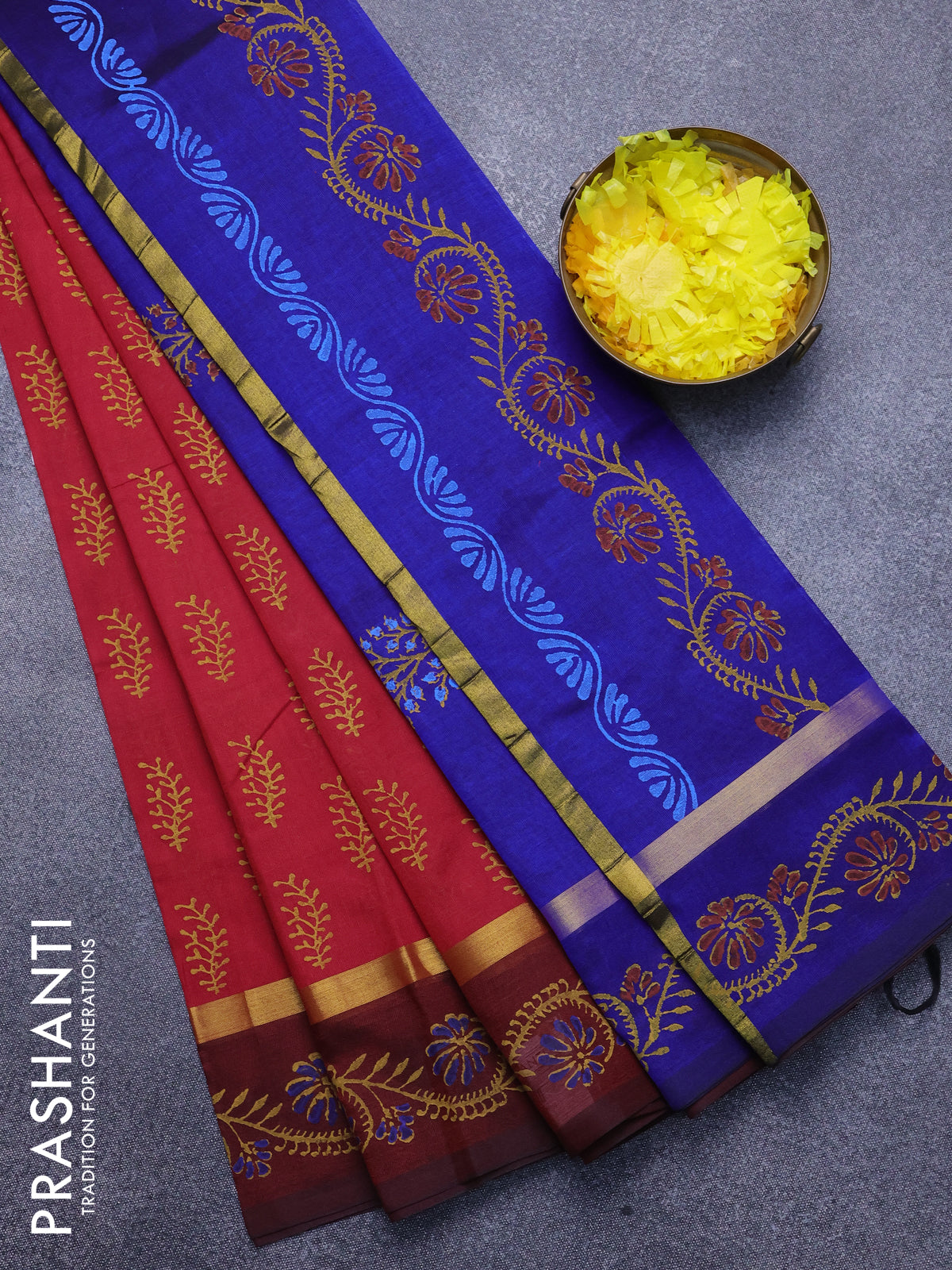 Silk cotton block printed saree red and maroon blue with allover butta prints and zari woven simple border
