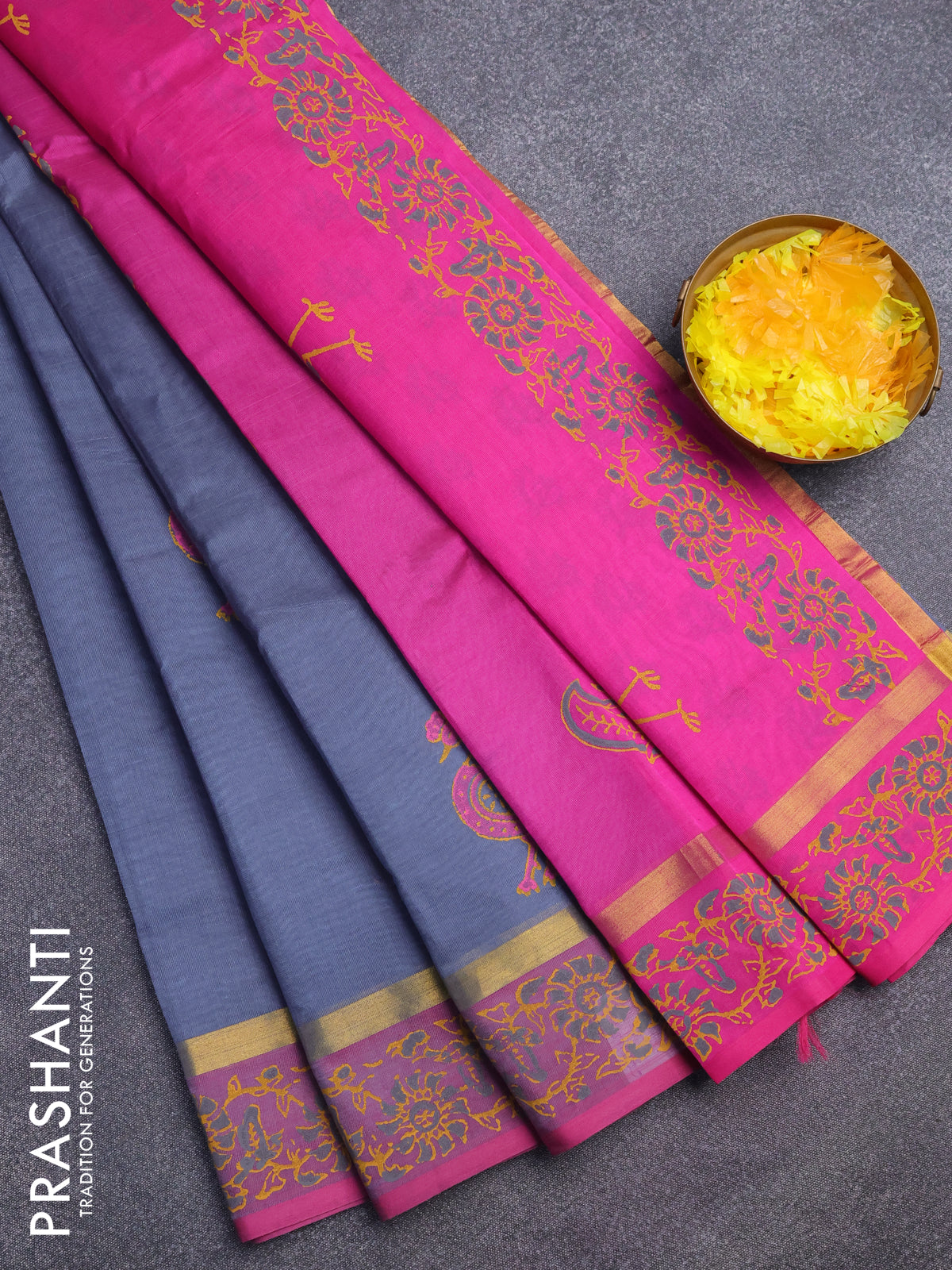 Silk cotton block printed saree grey and pink with peacock butta prints and zari woven simple border