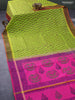 Silk cotton block printed saree light green and pink with allover butta prints and zari woven simple border