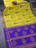 Silk cotton block printed saree yellow and blue with allover butta prints and zari woven simple border