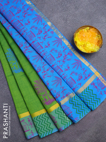 Silk cotton block printed saree green and cs blue with butta prints and zari woven simple border