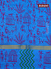 Silk cotton block printed saree green and cs blue with butta prints and zari woven simple border