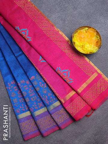 Silk cotton block printed saree cs blue and pink with allover prints and zari woven simple border