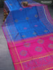 Silk cotton block printed saree cs blue and pink with allover prints and zari woven simple border