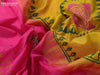 Silk cotton block printed saree pink and yellow with butta prints and zari woven border