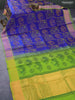 Silk cotton block printed saree blue and green with allover prints and zari woven border