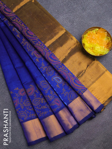 Silk cotton block printed saree blue with paisley butta prints and zari woven border