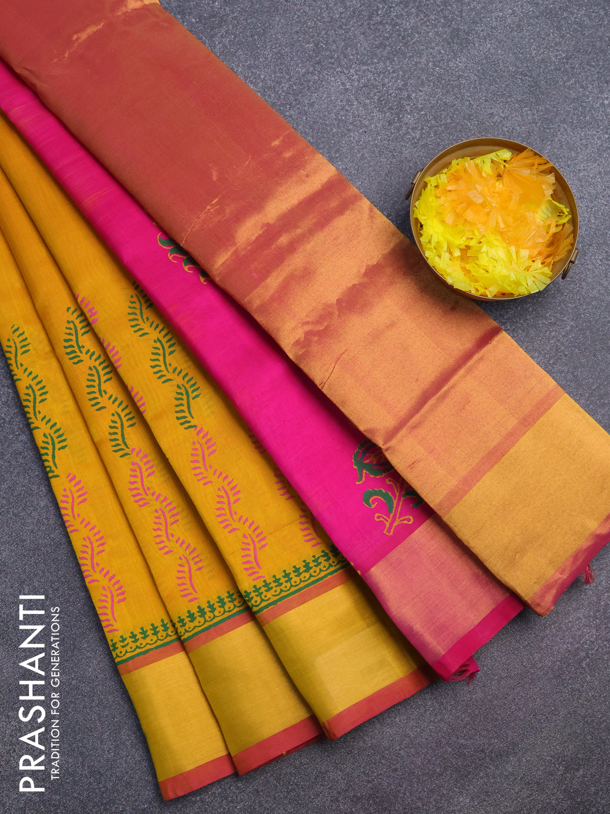 Silk cotton block printed saree mango yellow and pink with floral butta prints and zari woven border