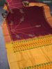 Silk cotton block printed saree maroon and mustard yellow with paisley prints and zari woven border
