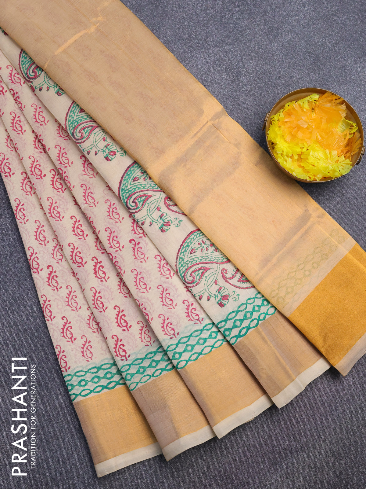 Silk cotton block printed saree cream with allover butta prints and zari woven border