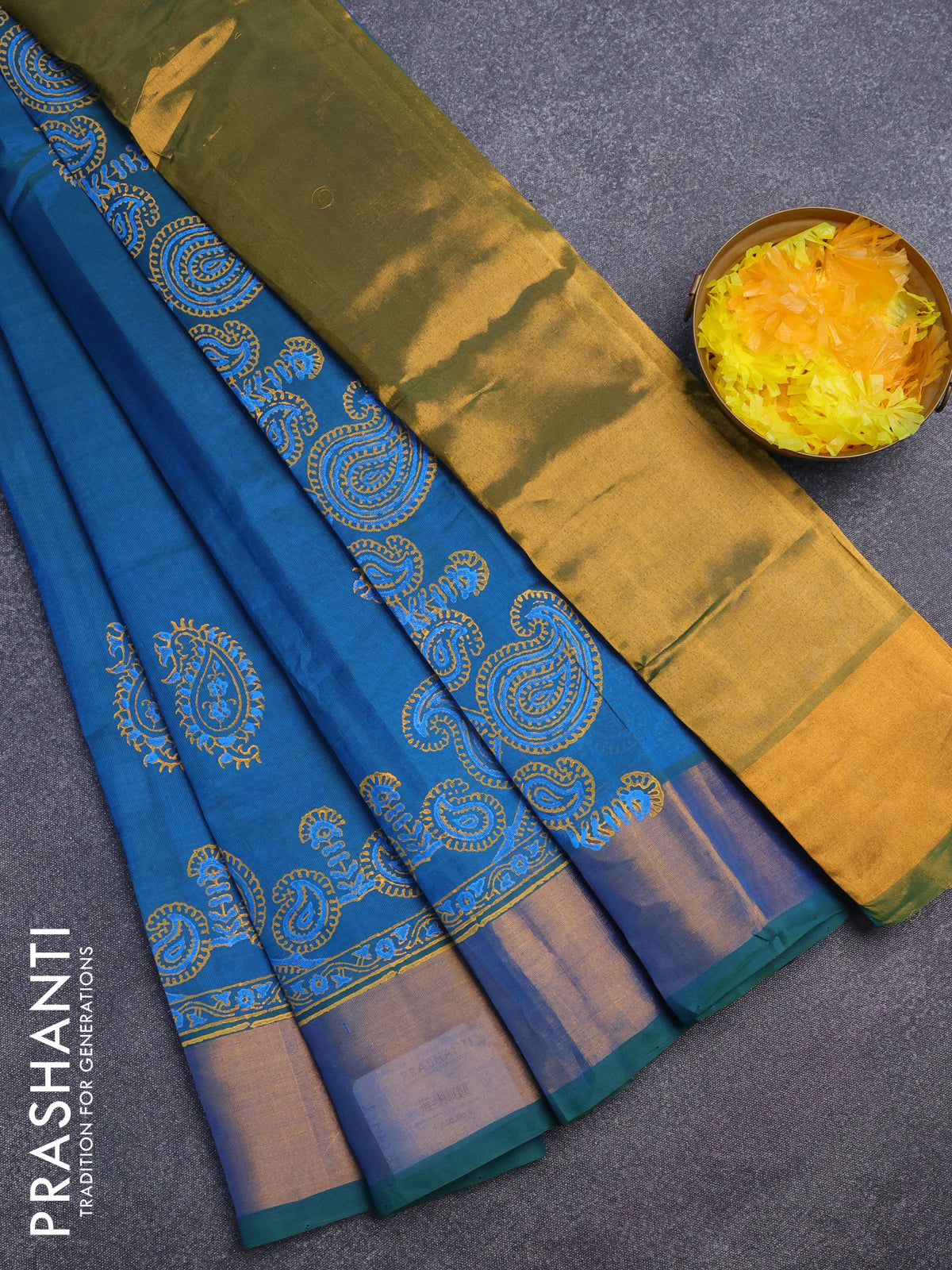 Silk cotton block printed saree dual shade of bluish green with paisley butta prints and zari woven border