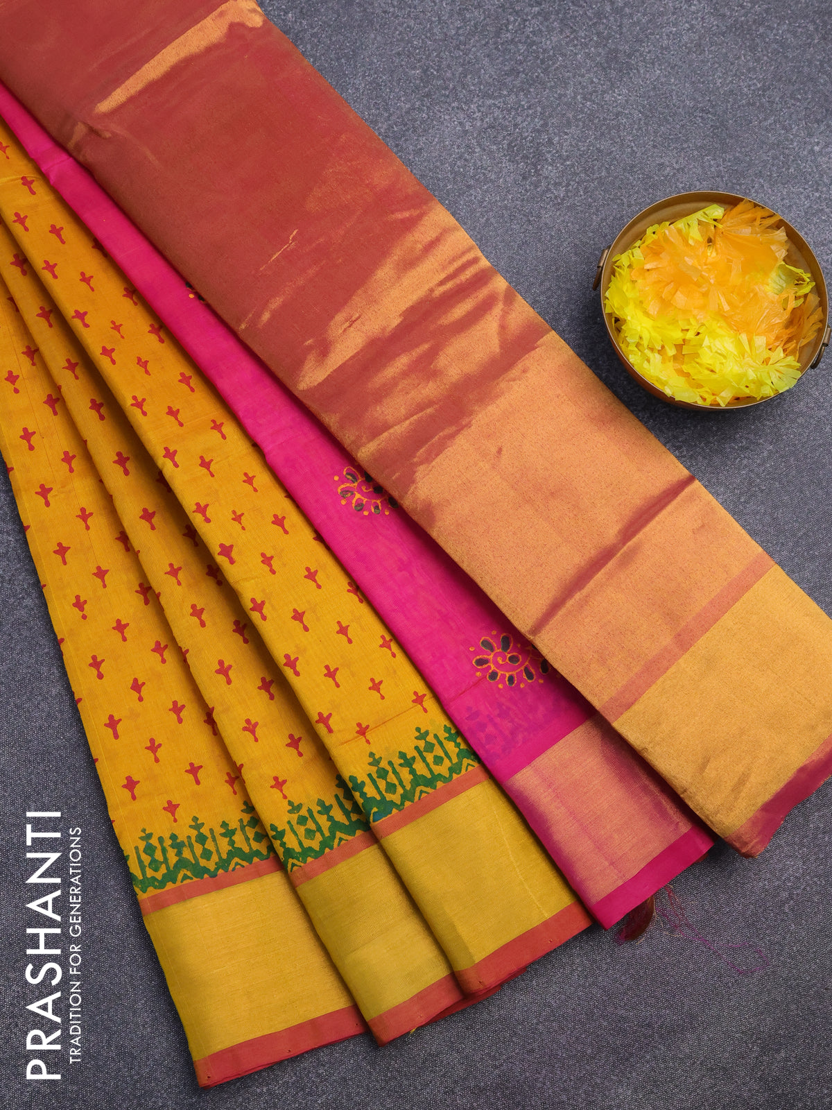 Silk cotton block printed saree mango yellow and pink with allover butta prints and zari woven border